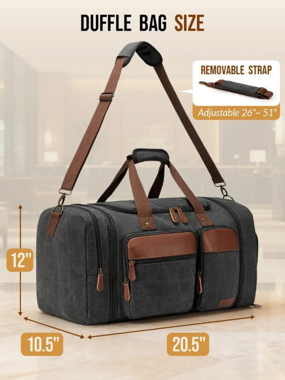 Expandable 50L Canvas Duffle Bag - Dark Grey Travel Gym Overnight Bag with Shoe